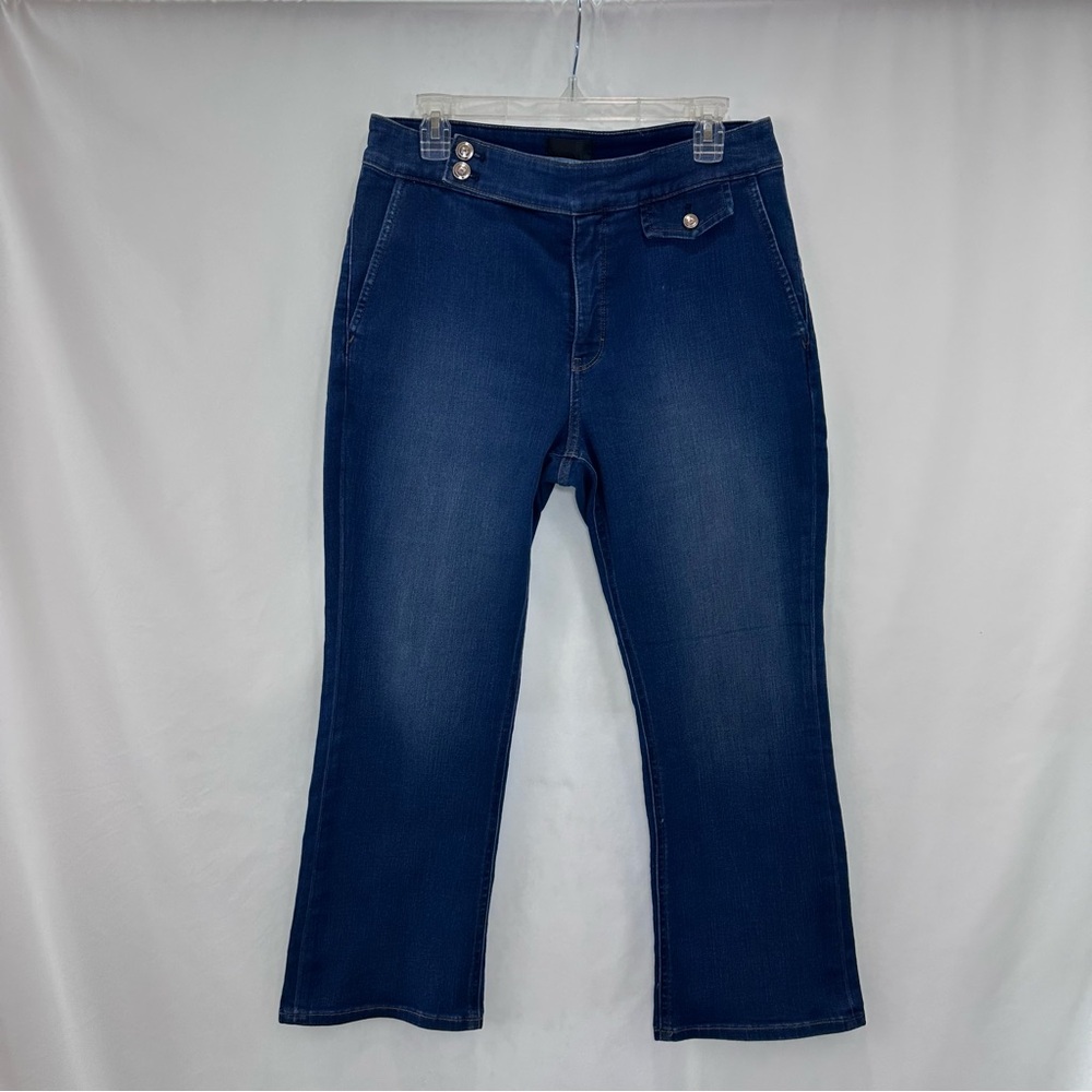 WHBM High Rise Tab Detail Kick Flare Cropp Jeans Women 10 Blue - Picture 2 of 10